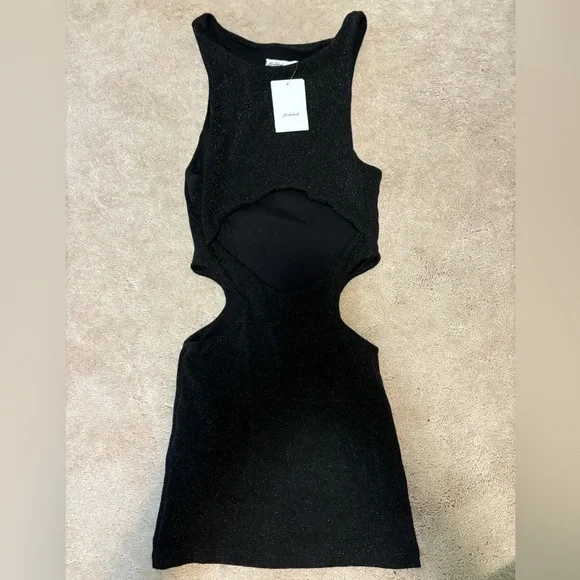 subdued black glitter dress Black Pleated Off Shoulder Bubble Hem Strapless Sequin Mini Dress M / Black
